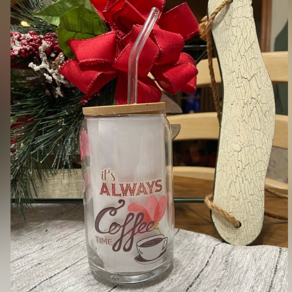 Coffee Themed Glass w/ Top & Straw